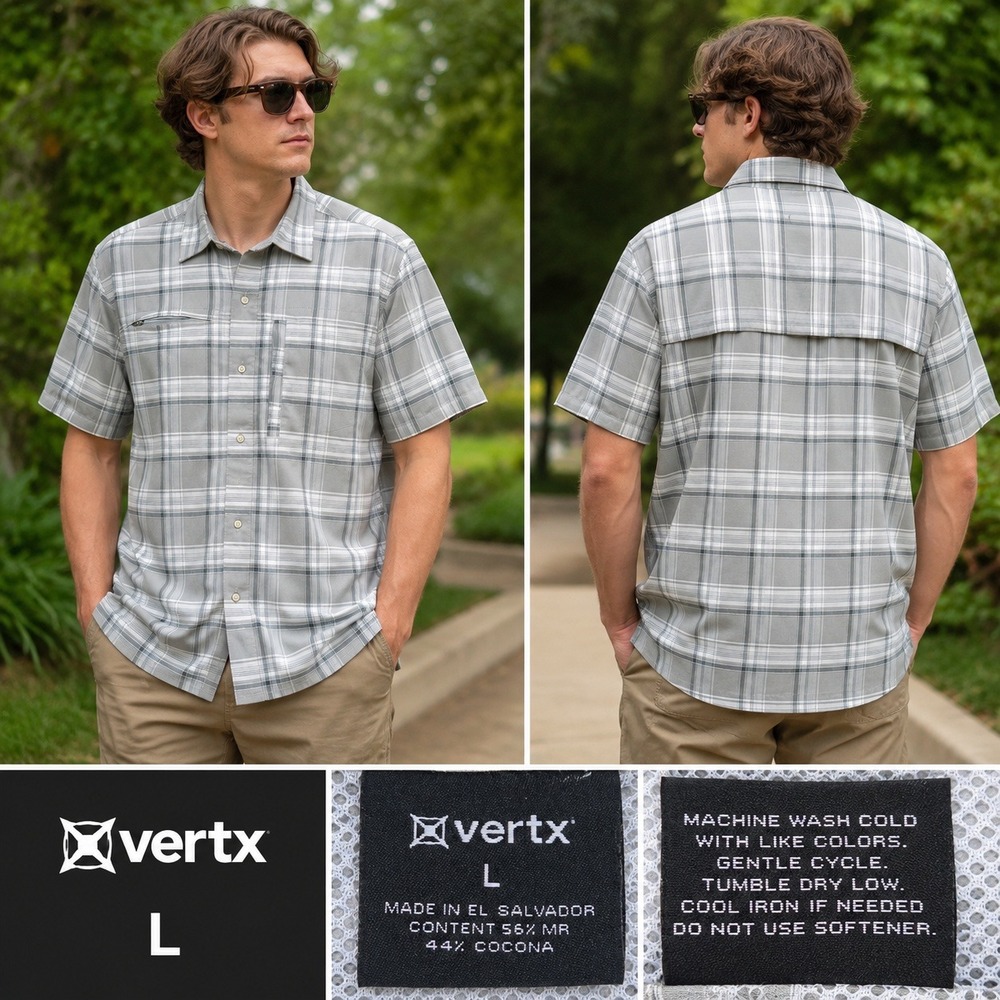 Vertx Mens Grey Plaid Short Sleeve Tactical Button Down Shirt Large Cocona 37.5